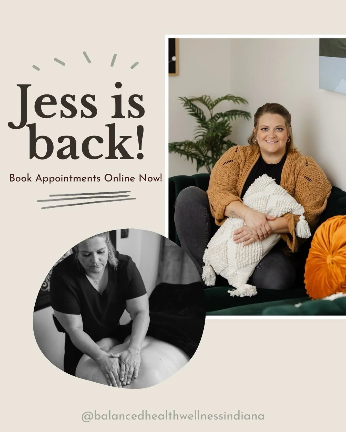 We&rsquo;re excited that Jess is back, and both Kate and Jess have opened additional appointment times in their calendars!

Balanced Health is here to support your wellness journey with services including:
&bull; Massage Therapy
&bull; Cranial Sacral