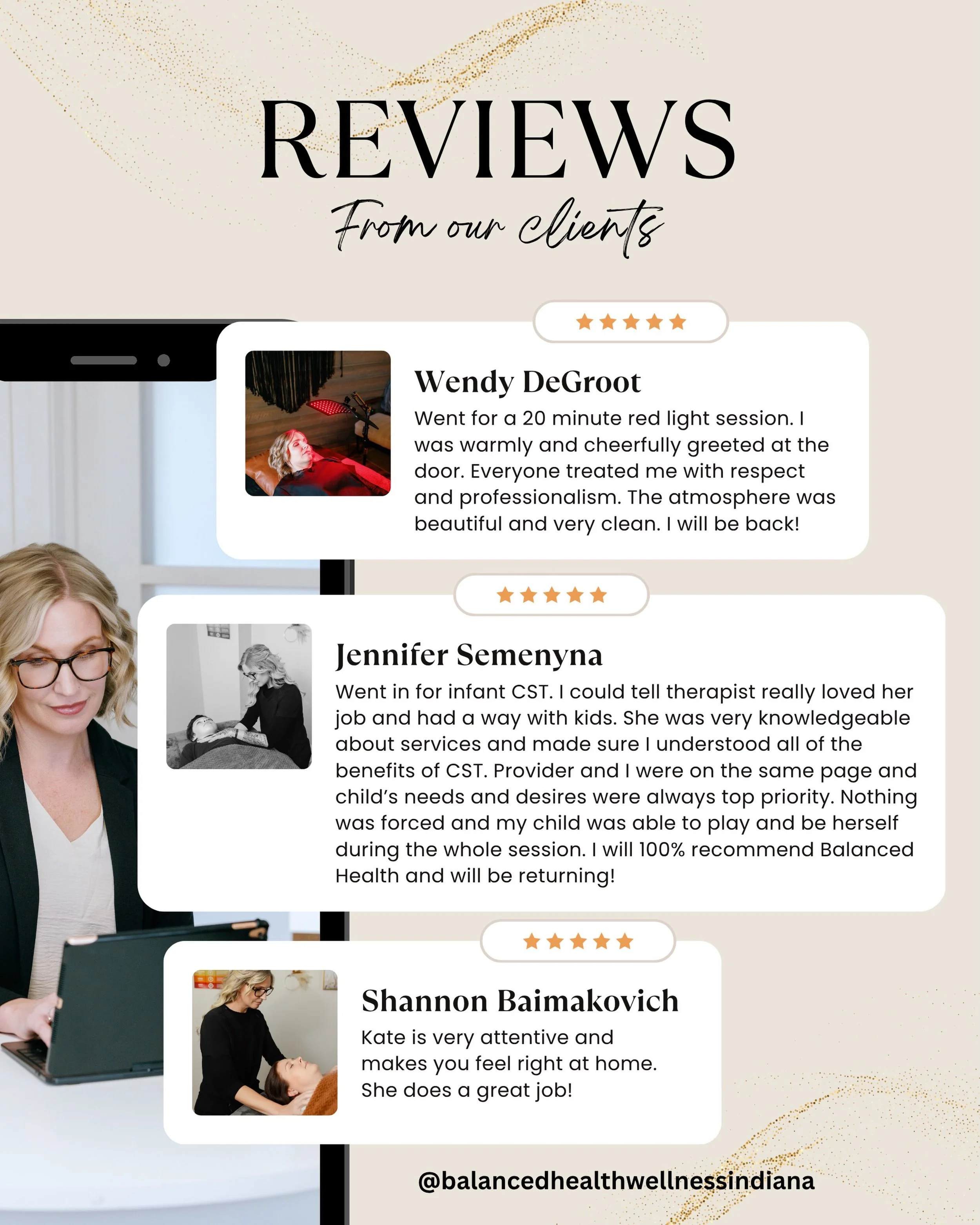 Nothing means more to us than hearing how our clients feel after their time at Balanced Health.

Whether it&rsquo;s a moment of relaxation under our red light therapy, support for your child through CranioSacral Therapy, or simply feeling seen, heard