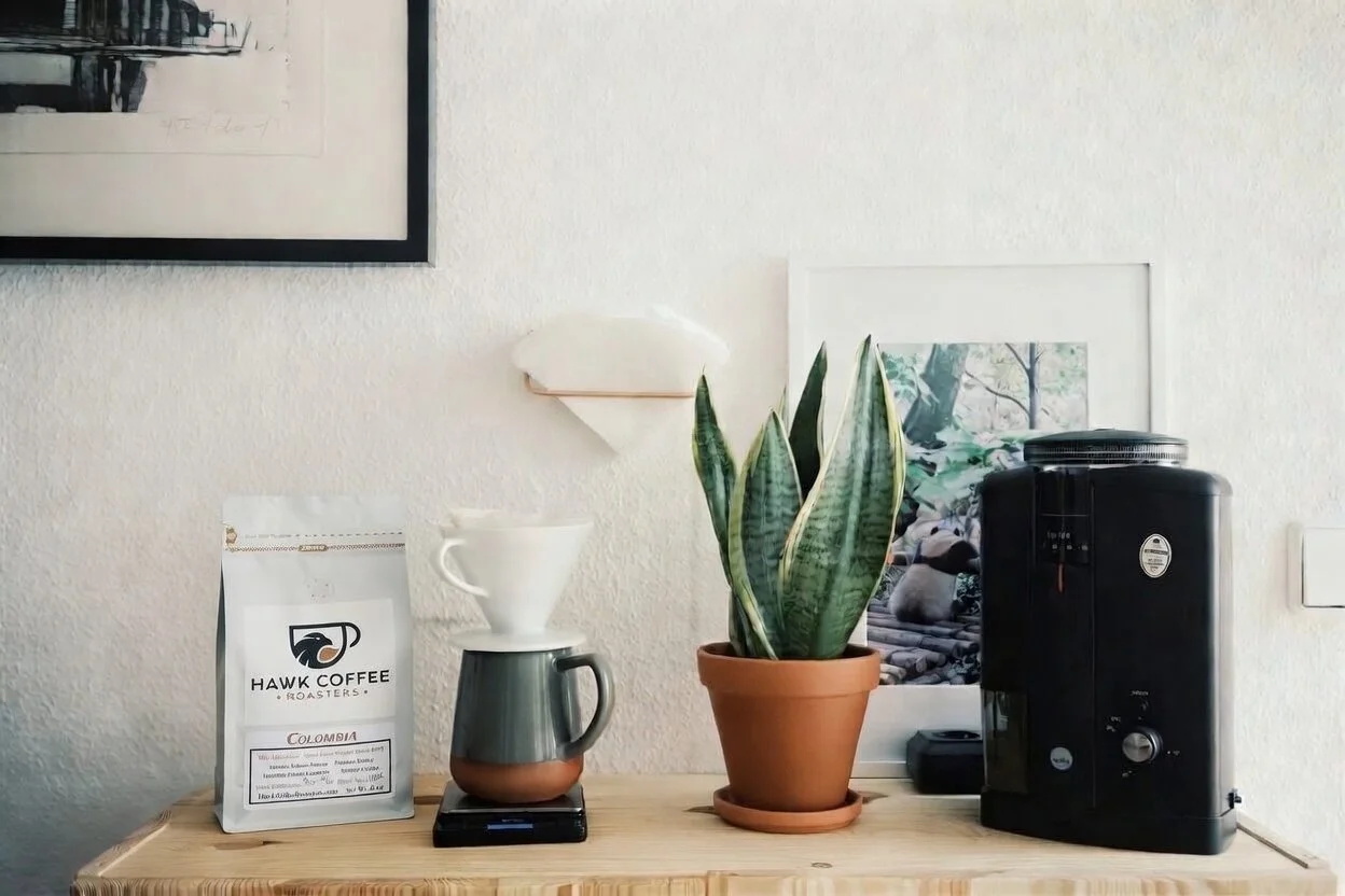 Hawk Coffee Roasters Colombia bag with pour-over and grinder on a home coffee station