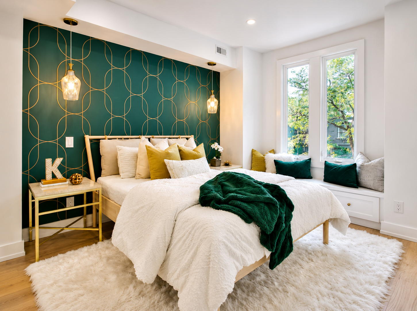 Bright modern bedroom with teal geometric accent wall, white bedding, pendant lights, and cozy window seating.