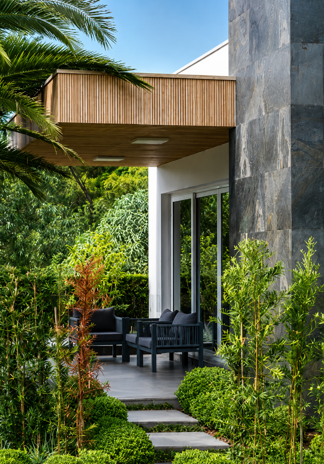 Modern luxury home exterior with landscaped garden, stone accent wall, covered patio seating, and contemporary architecture.