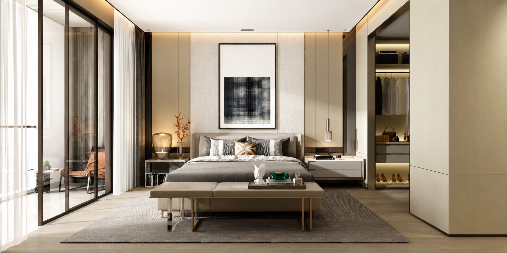 Modern and contemporary bedroom with muted green tones and sliding glass doors to balcony.