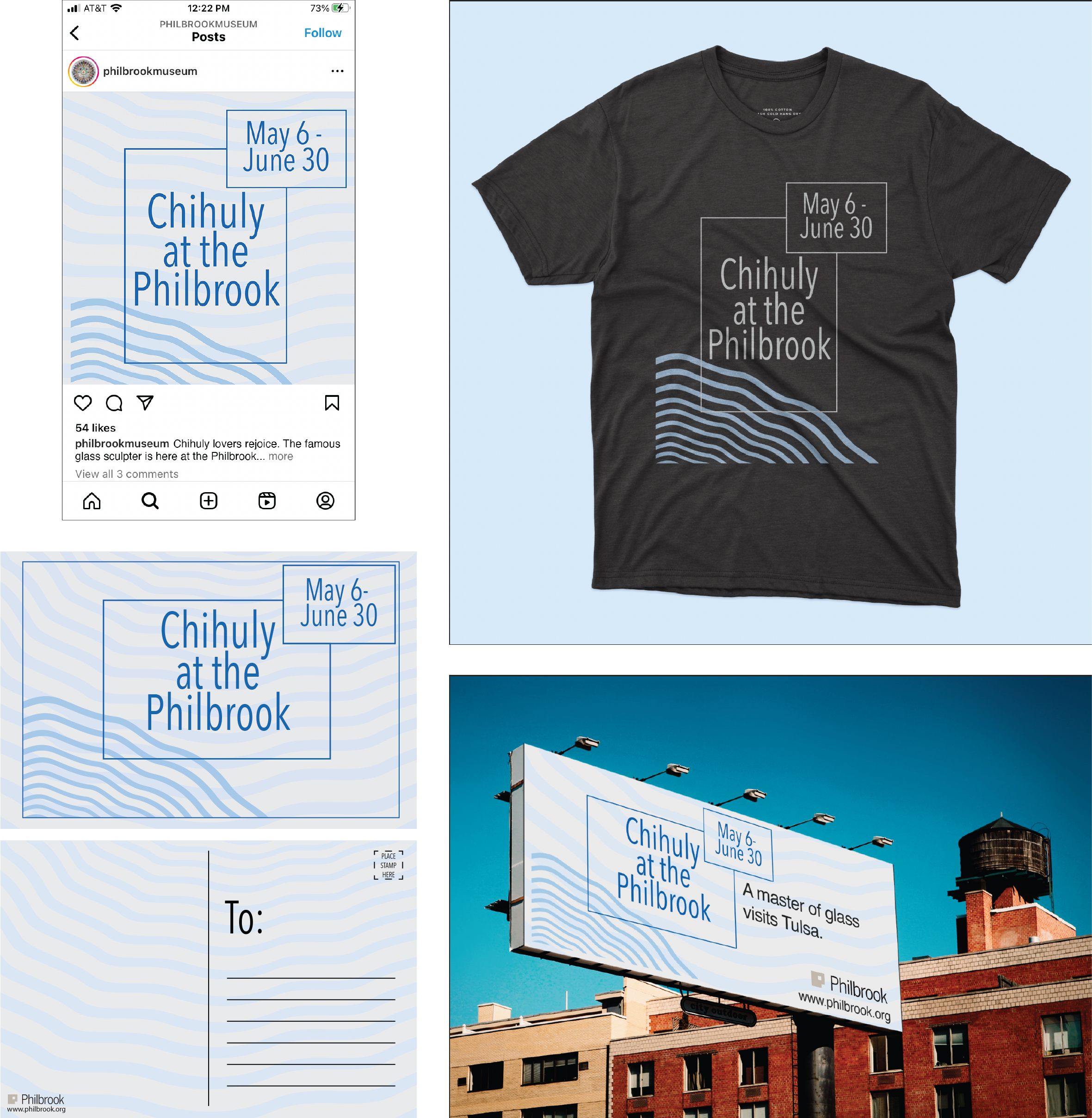 An add campaign for a pretend event at the Philbrook museum. This included both social media and billboard adds, as well as a shirt and postcard for the gift shop.