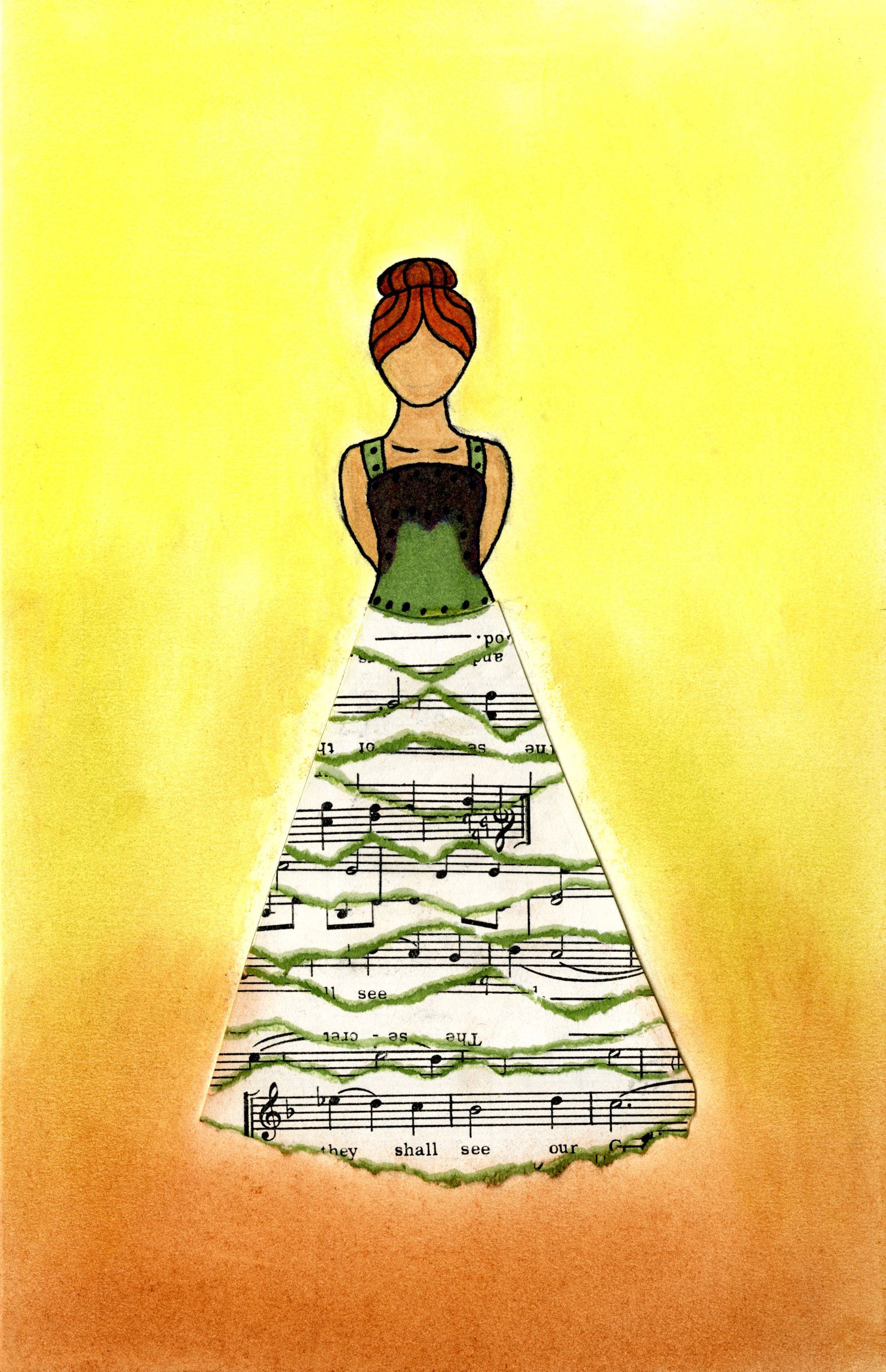 A mixed media piece of marker, pastels and music sheets.