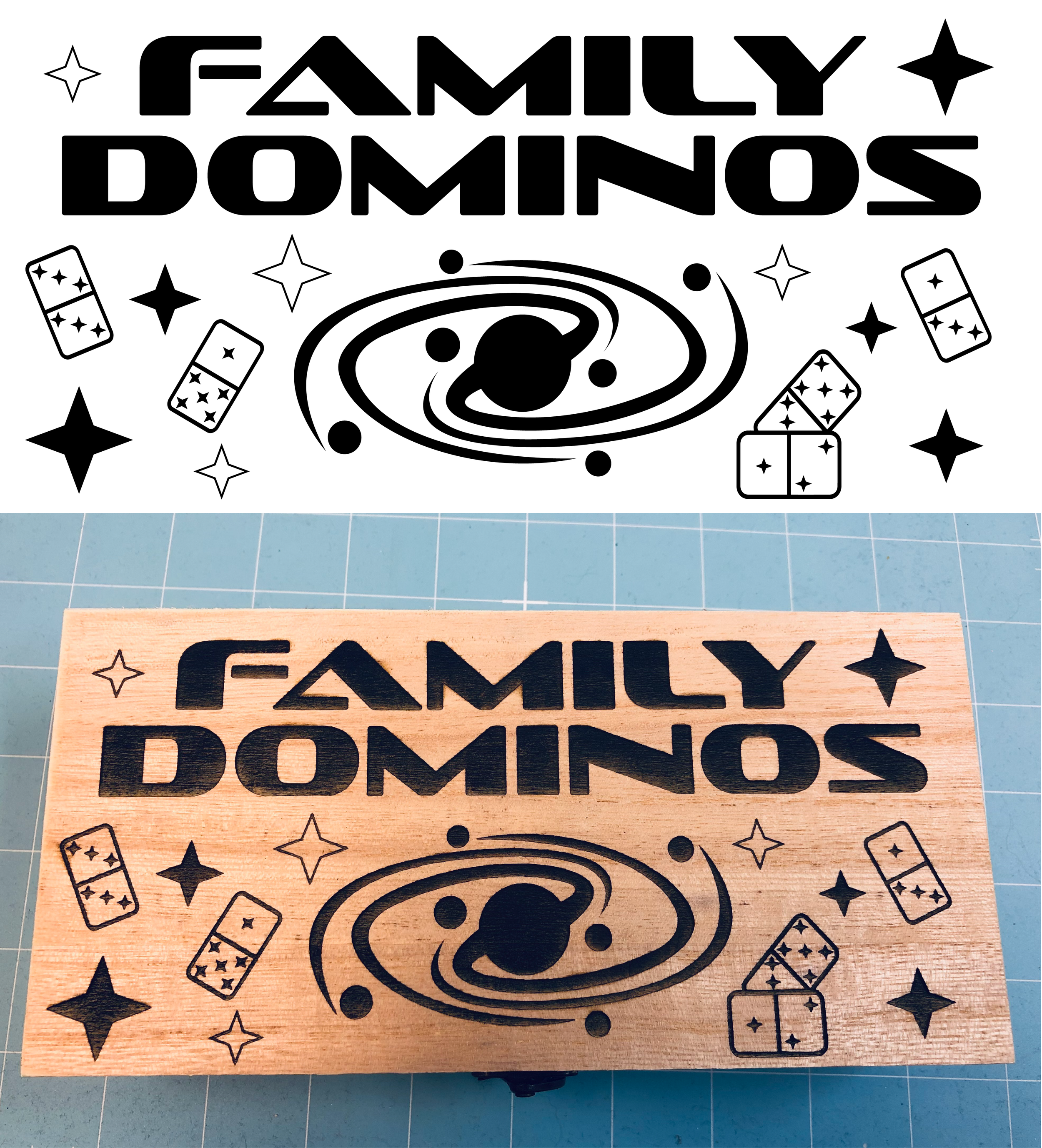 A cosmic themed design for a domino box.