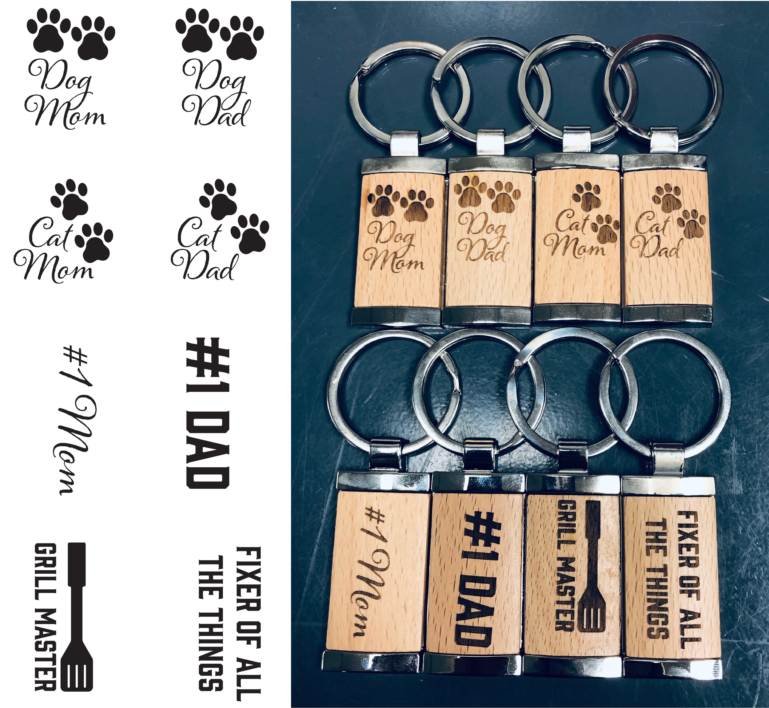 Keychains with Mom and Dad themed designs.