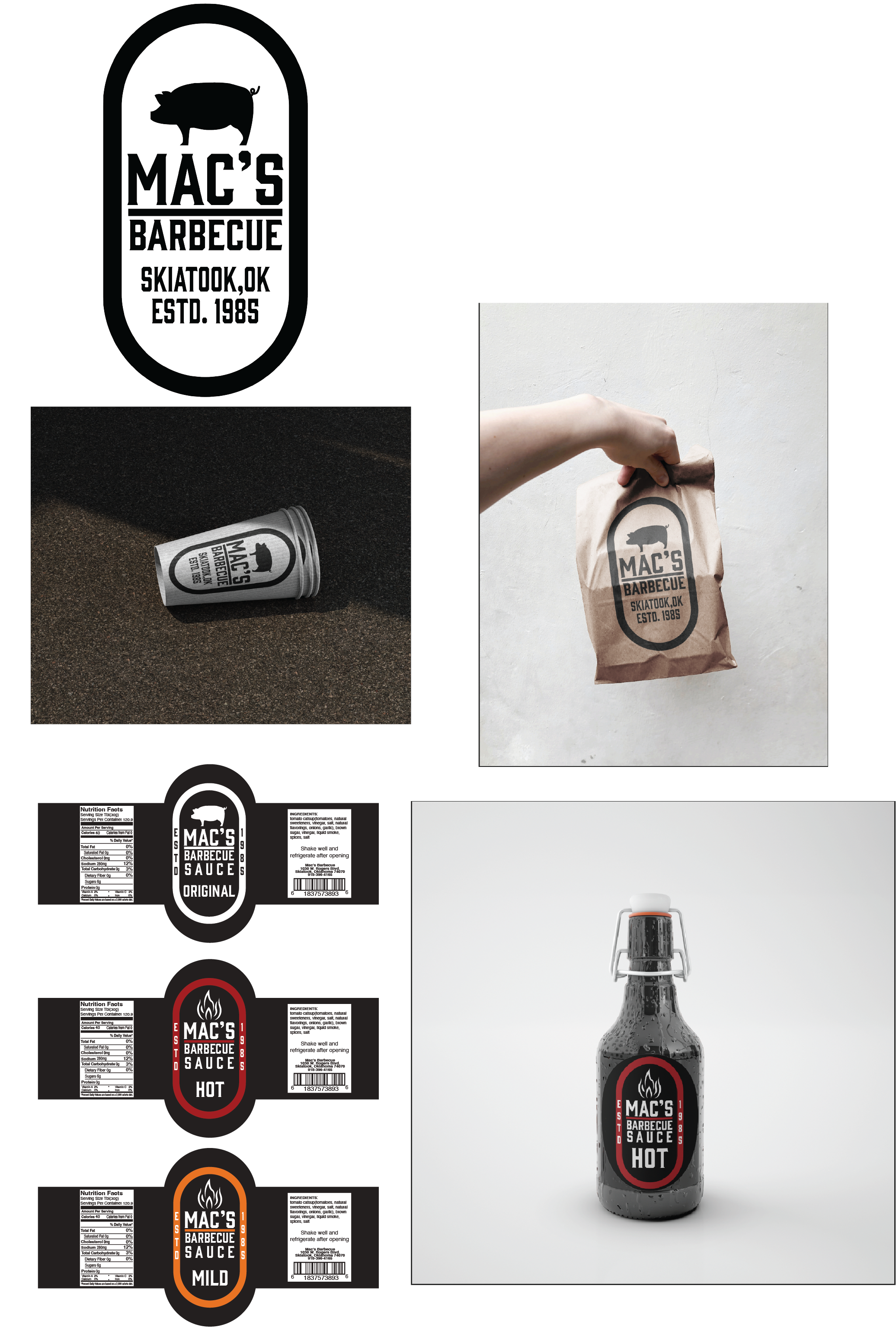 A logo redesign of a local restaurant in Skiatook. This included adding the logo to takeout containers and redesigning the label of their BBQ sauce.
