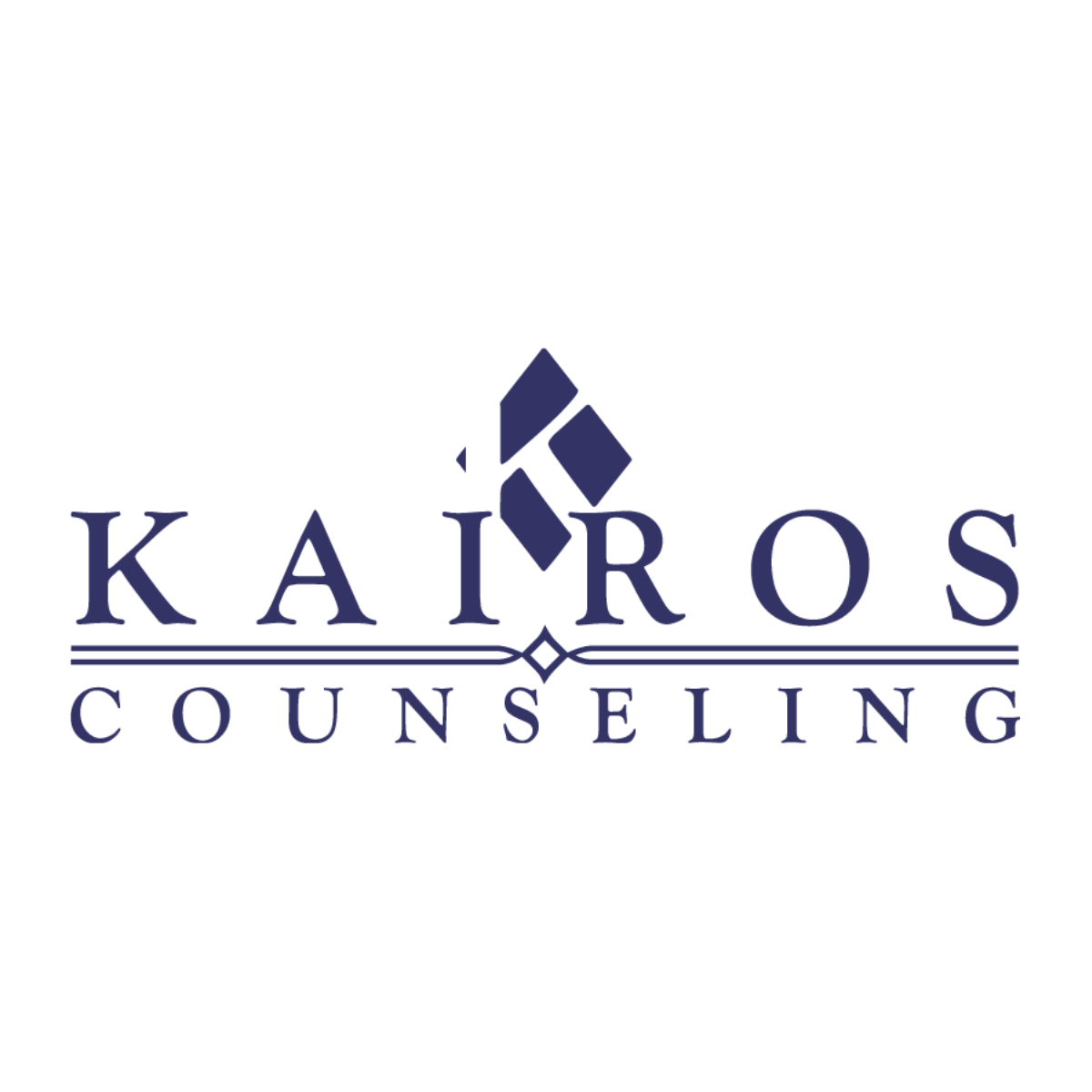 Logo for Kairos Counseling featuring navy blue geometric shapes above the words "Kairos Counseling" in navy blue text with decorative lines in the center.