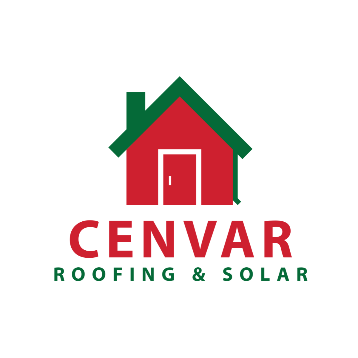 Logo for CENVAR Roofing & Solar featuring a red house with a green roof and chimney, with the company name in bold red and green text.