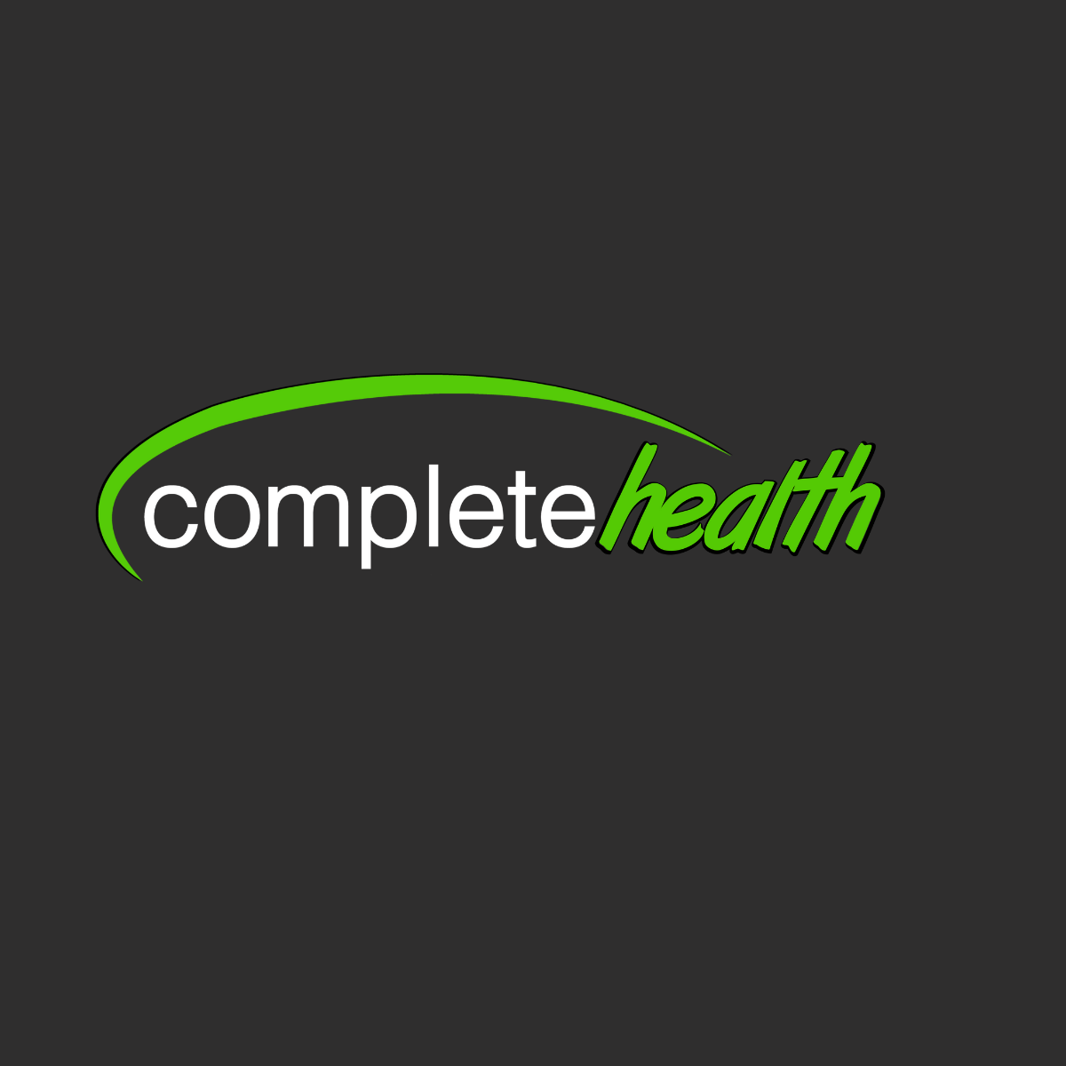 Logo for Complete Health with the words 'complete' in white and 'health' in green, with a curved green line above.