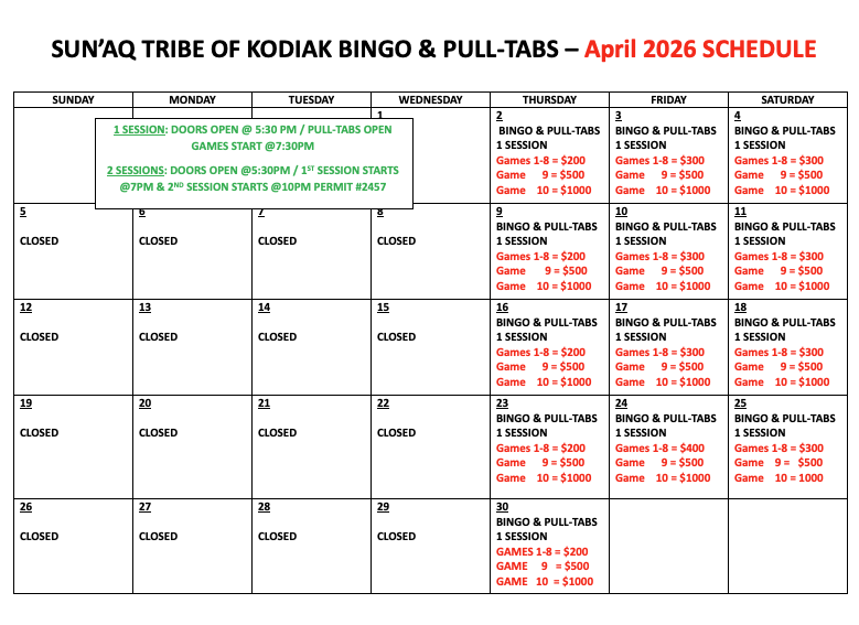 April Bingo Schedule