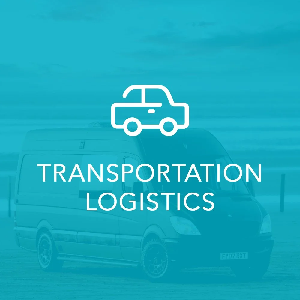 A van on the road with a blue overlay, a white outline of a car icon, and the words 'Transportation Logistics' in white text.