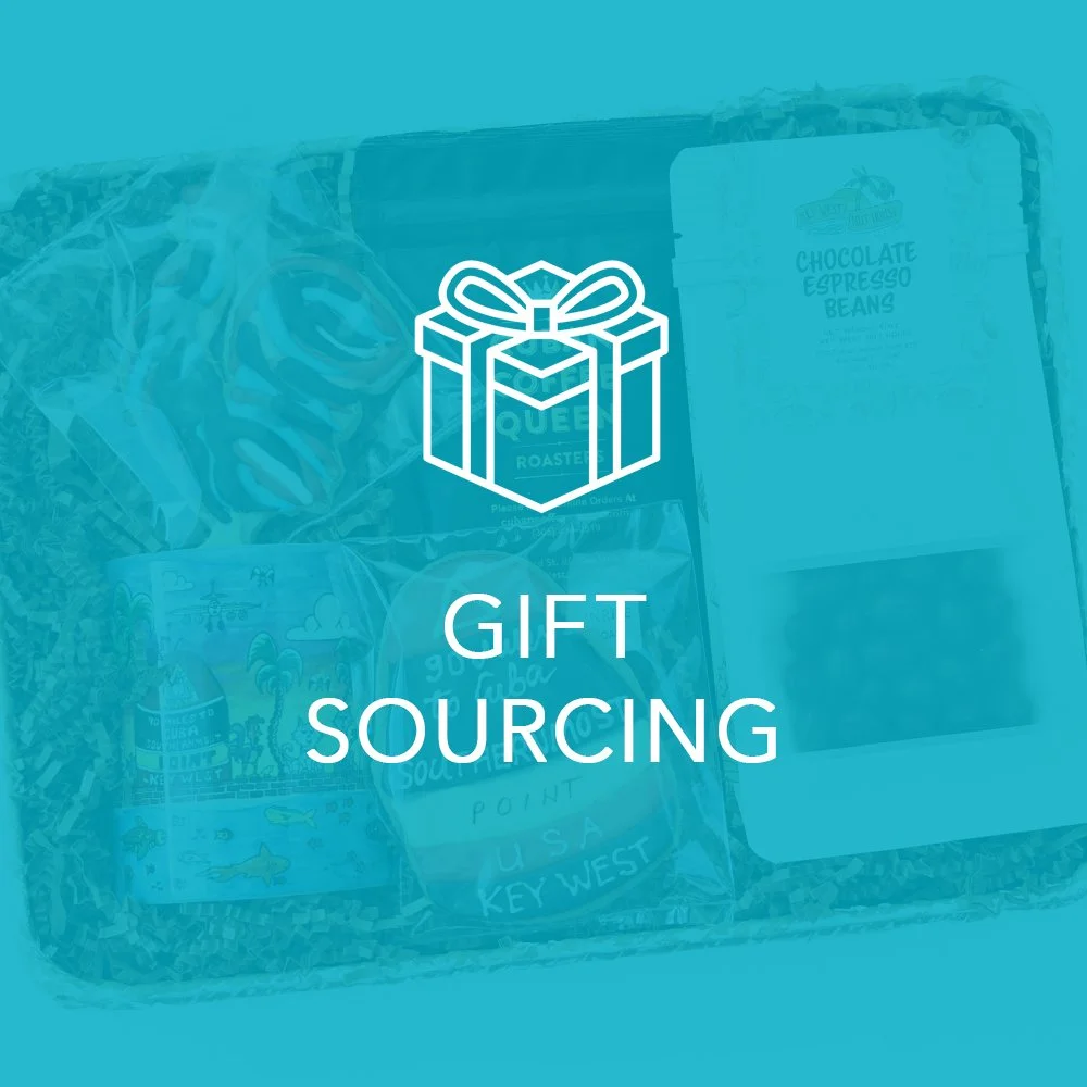 A gift basket containing snacks, including a box of chocolate espresso beans and other packaged treats, with text overlay reading 'Gift Sourcing' and a gift box icon.
