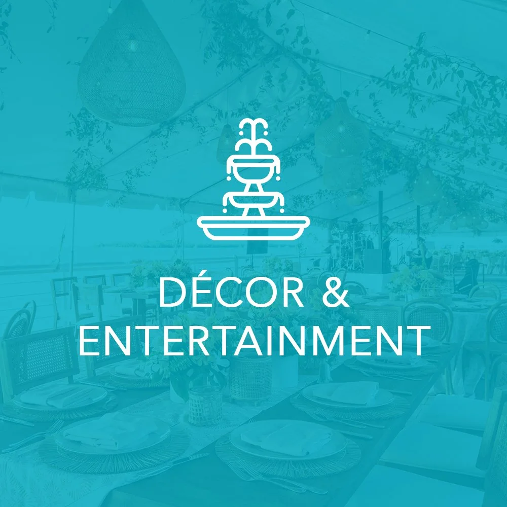 Cover for decor and entertainment with a teal background, a line art fountain icon, and overlayed text.