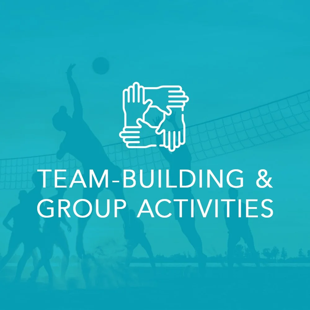 Silhouettes of people playing volleyball on a court with a net, overlaid with a graphic of four hands joined together, and the text 'Team-Building & Group Activities'.