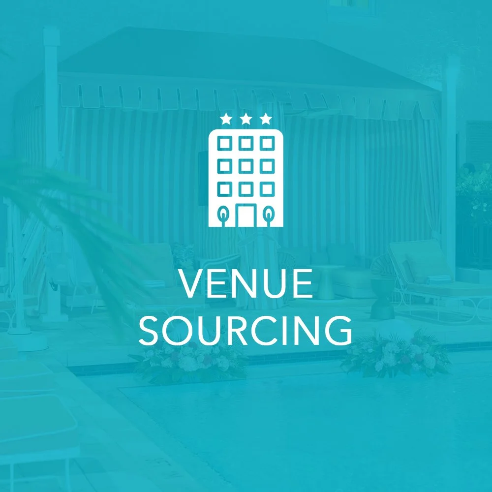 Graphic for Venue Sourcing with an icon of a building and three stars above it, over a semi-transparent teal background with faint outdoor patio furniture and plants.