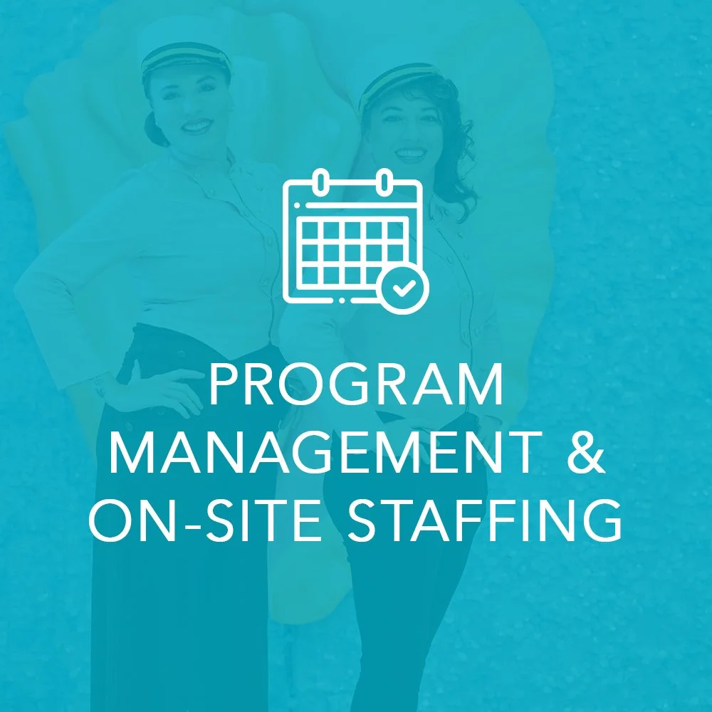 Two women lying on the ground, smiling, with a blue overlay and a white graphic of a calendar with a checkmark, and the text 'Program Management & On-Site Staffing'.