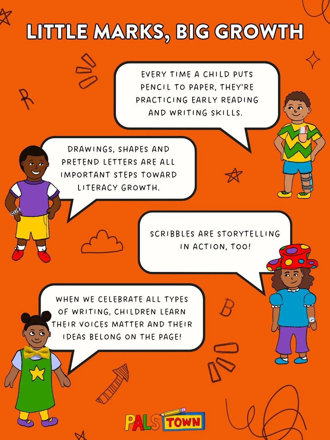 Celebrate every scribble with PALS Town! Little marks are big steps toward literacy. 
#earlywriting #readingandwriting #literacy #PALSTown #LittleWritersBigStories