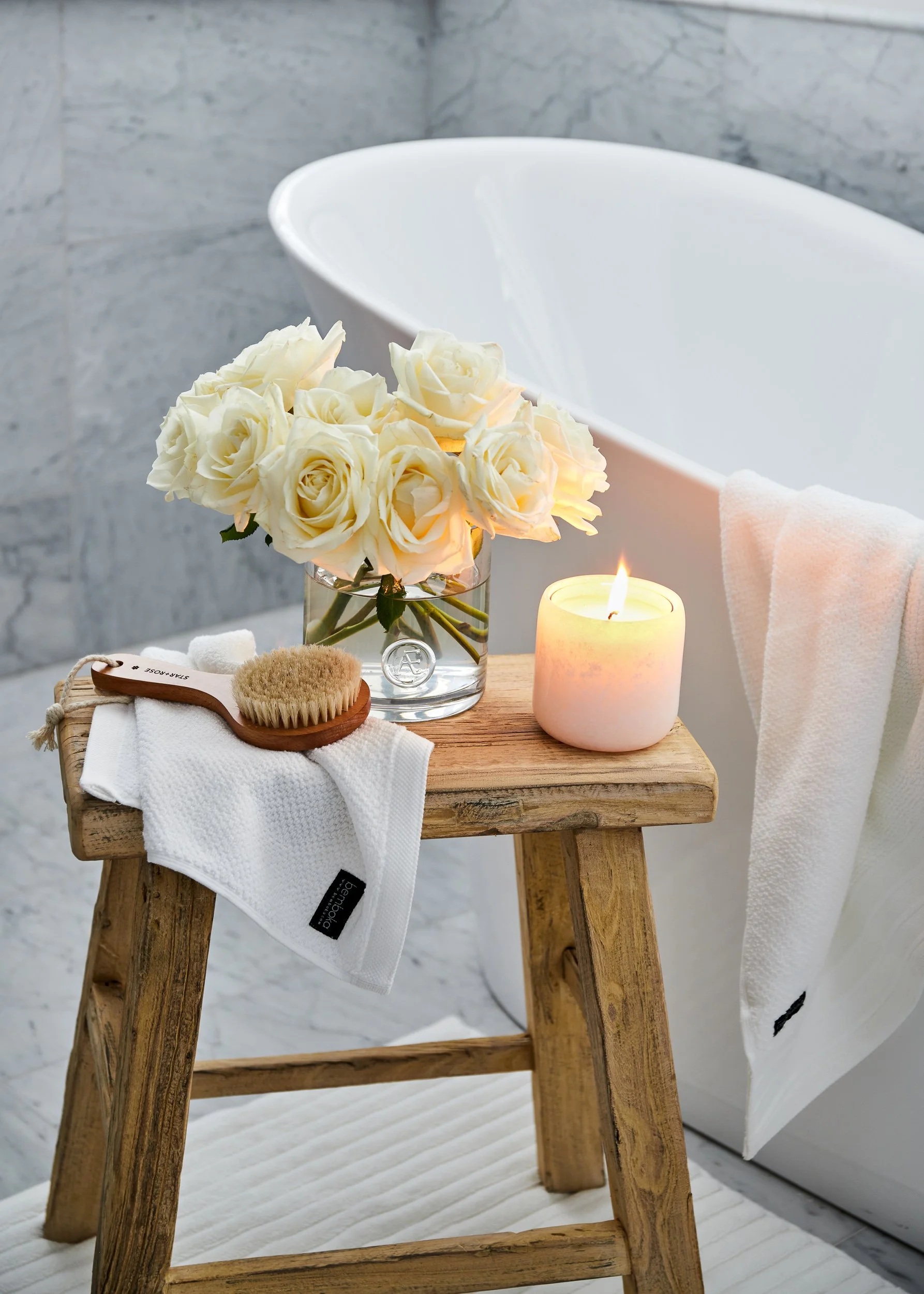 A luxurious bathroom featuring a freestanding tub and chic decor, showcasing the timeless editorial photography of Diego Pinto in Sydney.