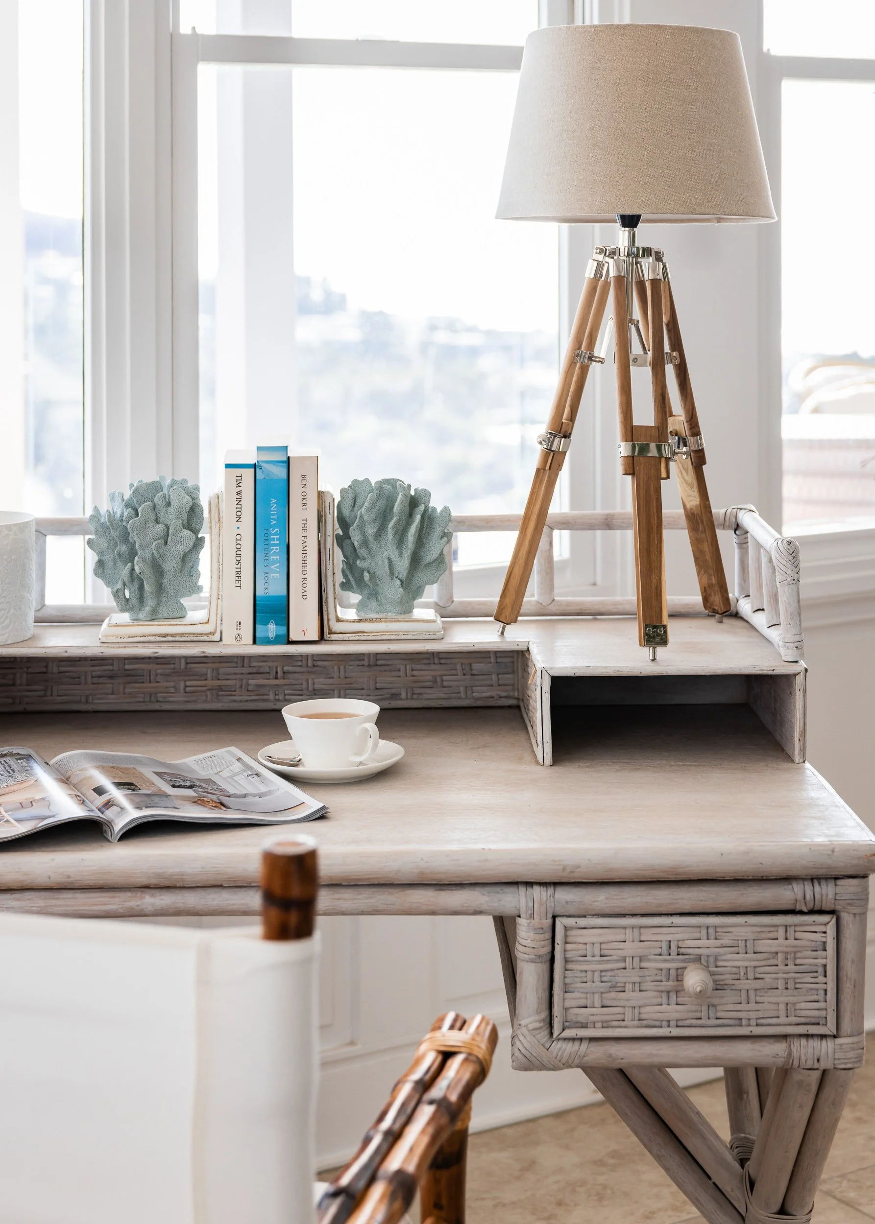 A close-up stylish coastal home office with contemporary design elements, photographed by Sydney's own Diego Pinto in his signature editorial style