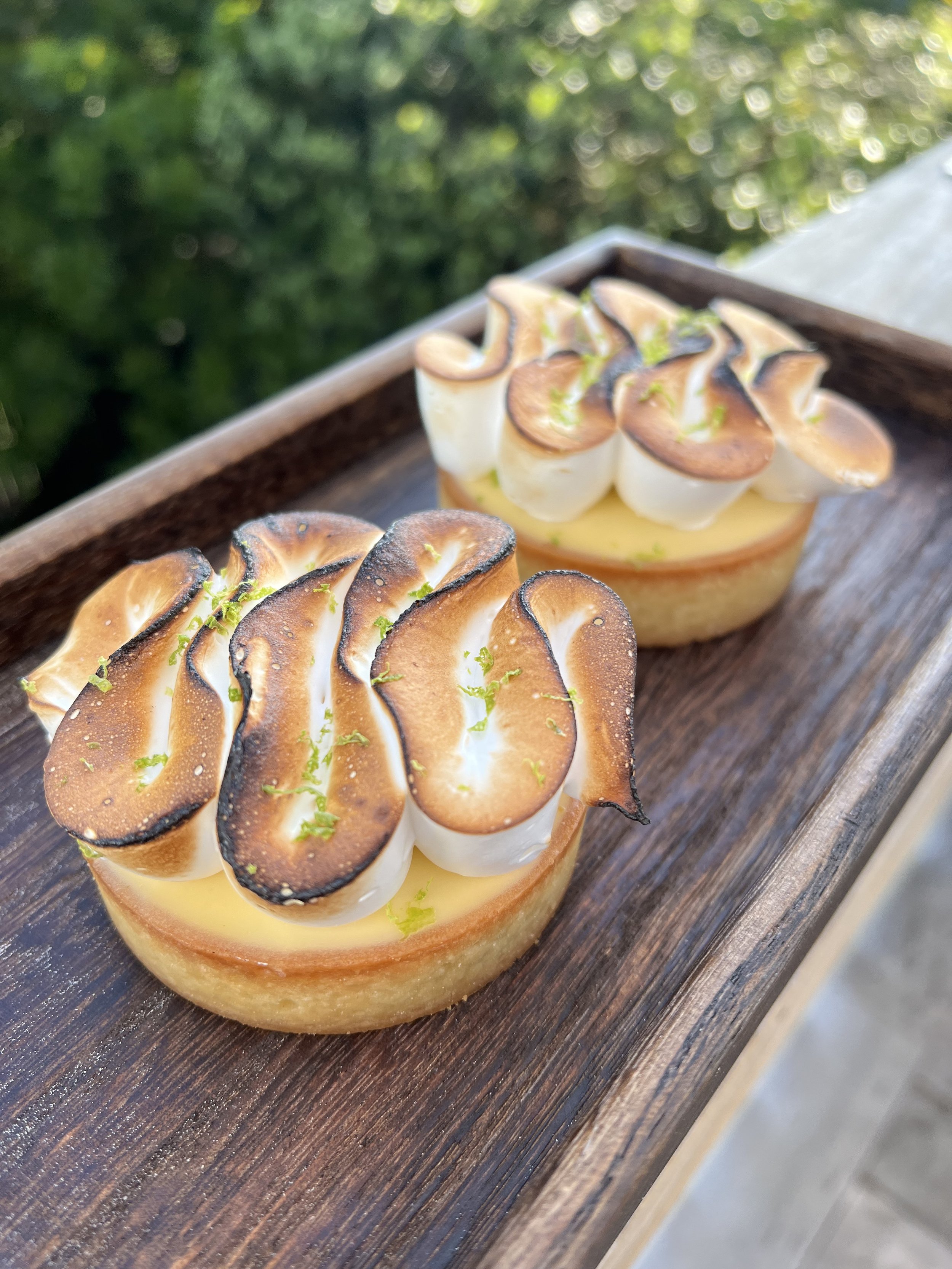 Lime meringue tarts - pâte sucrée, almond cream, lime curd, torched Italian meringue