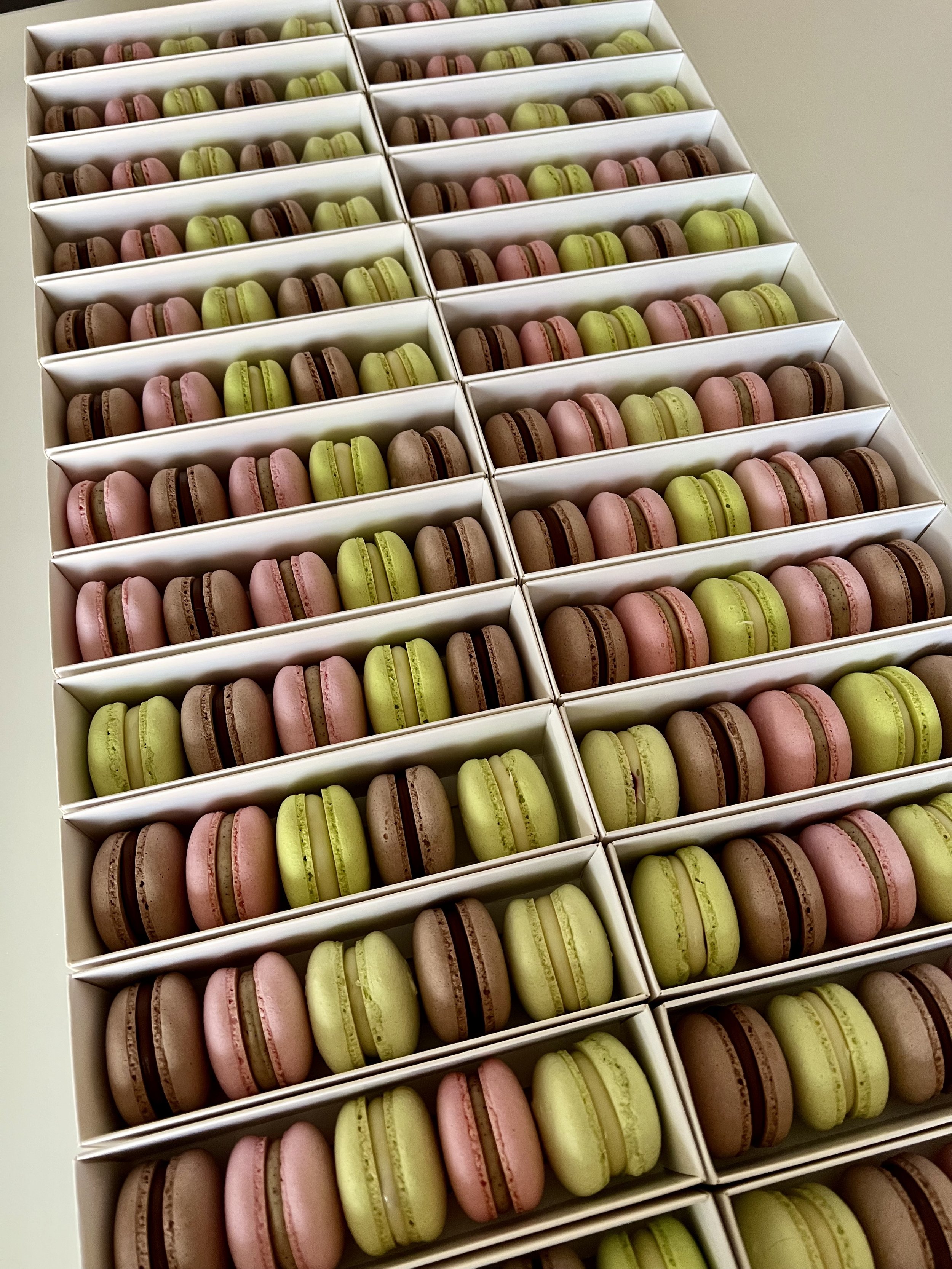 Chocolate, coffee and lime raspberry macarons