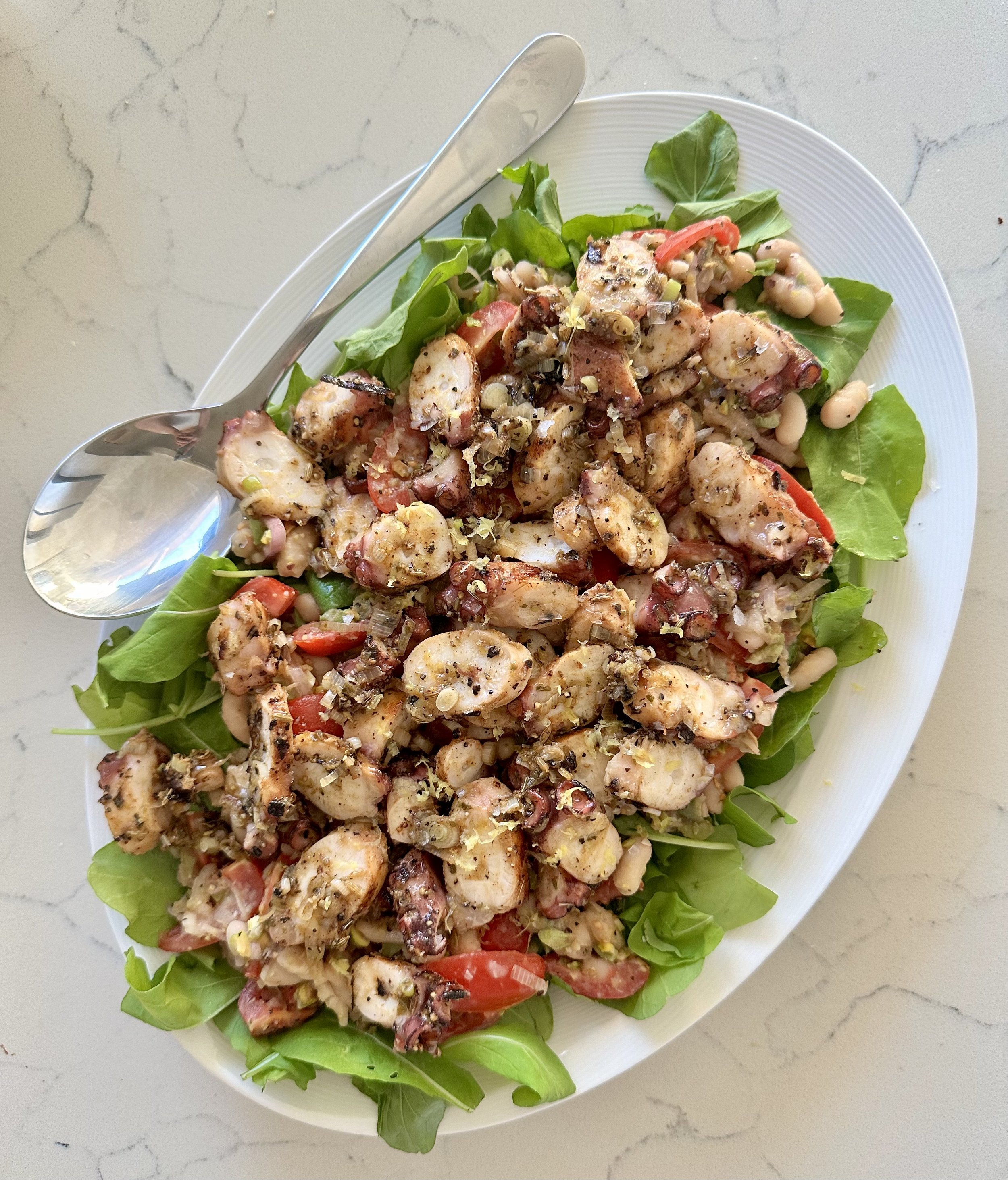 Grilled octopus salad, cannellini beans, cherry tomatoes, castelvetrano olives, pistachios