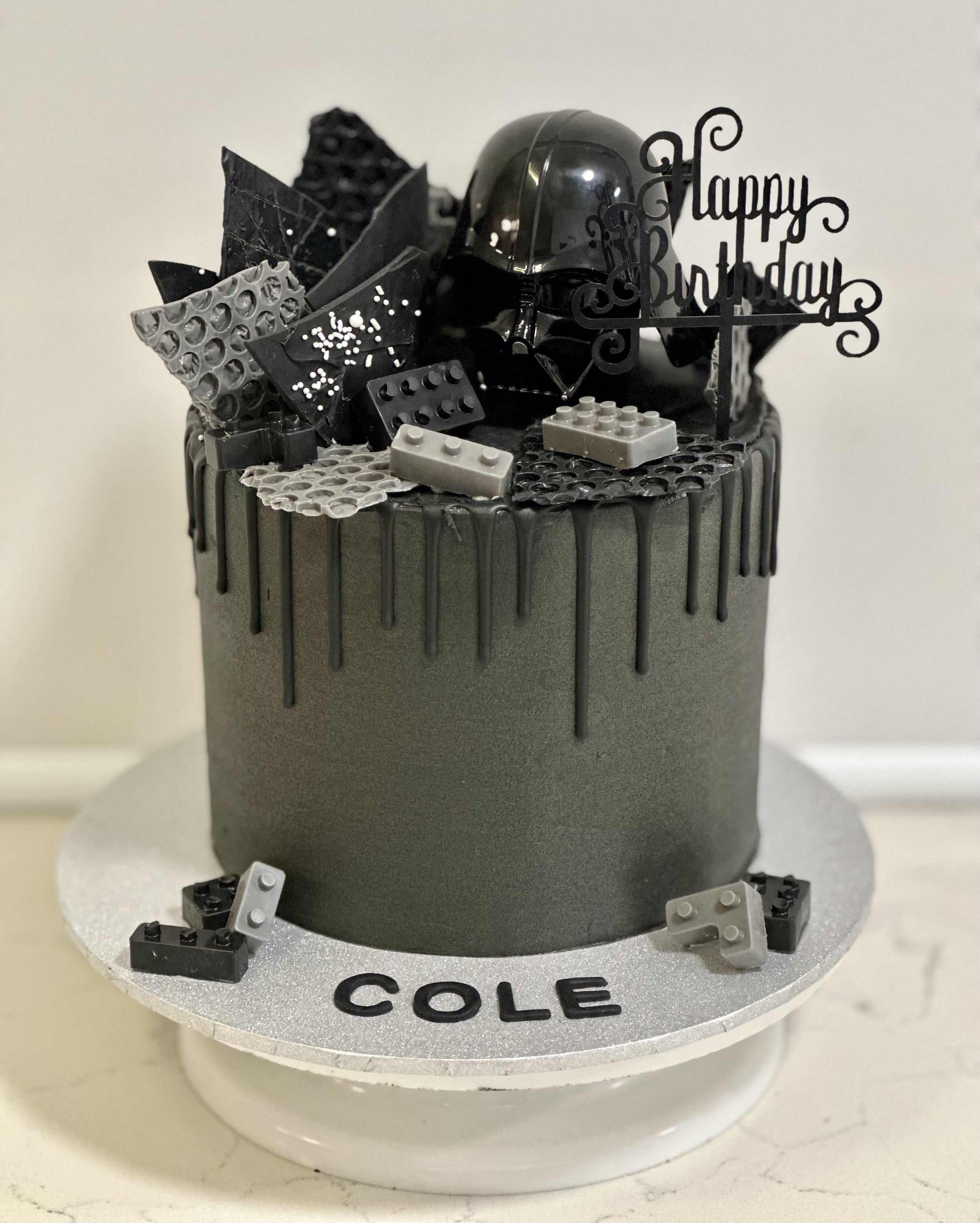 Darth Vader & Lego birthday cake - chocolate pound cake, black chocolate buttercream, chocolate ganache and decorations