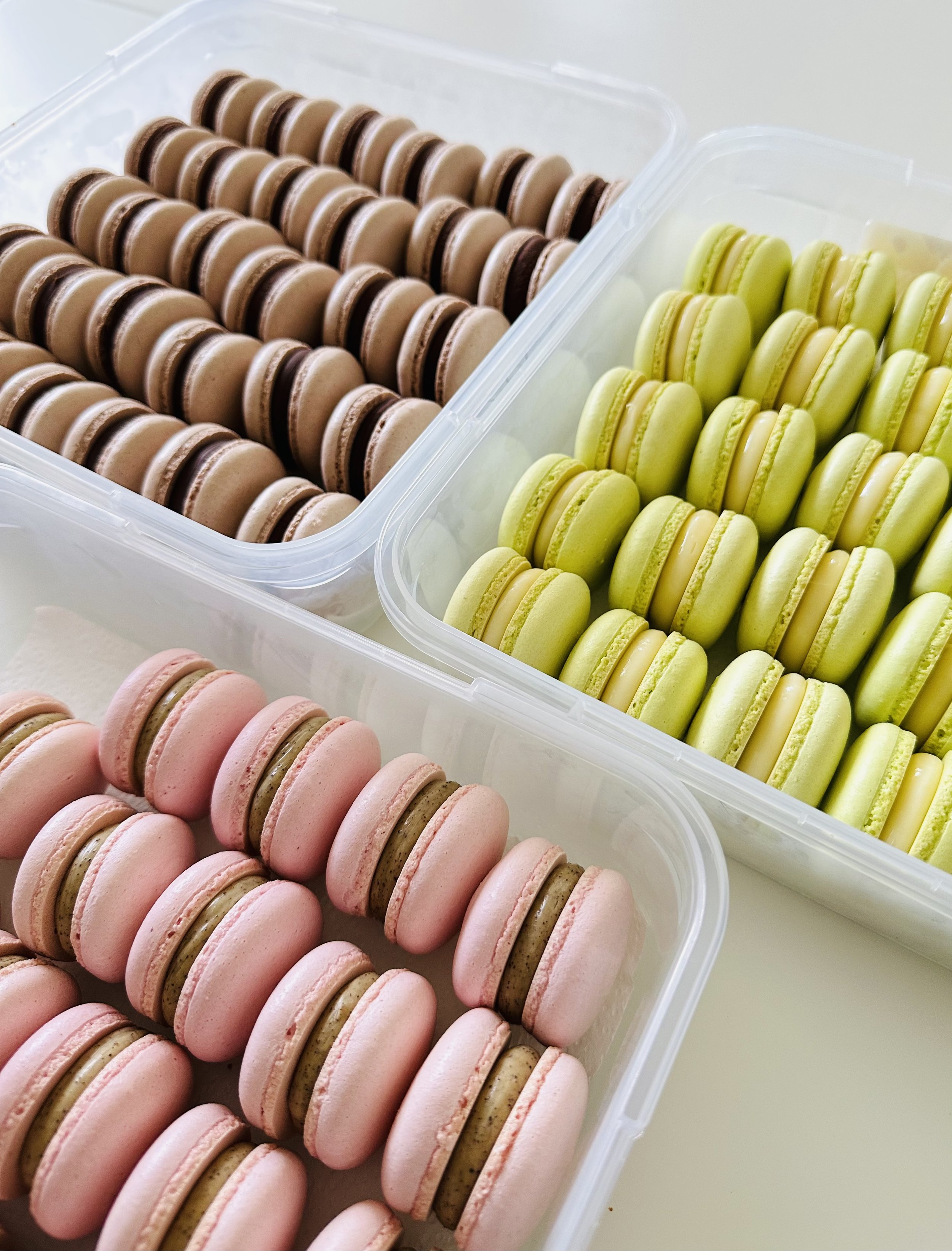 Chocolate, coffee and lime raspberry macarons