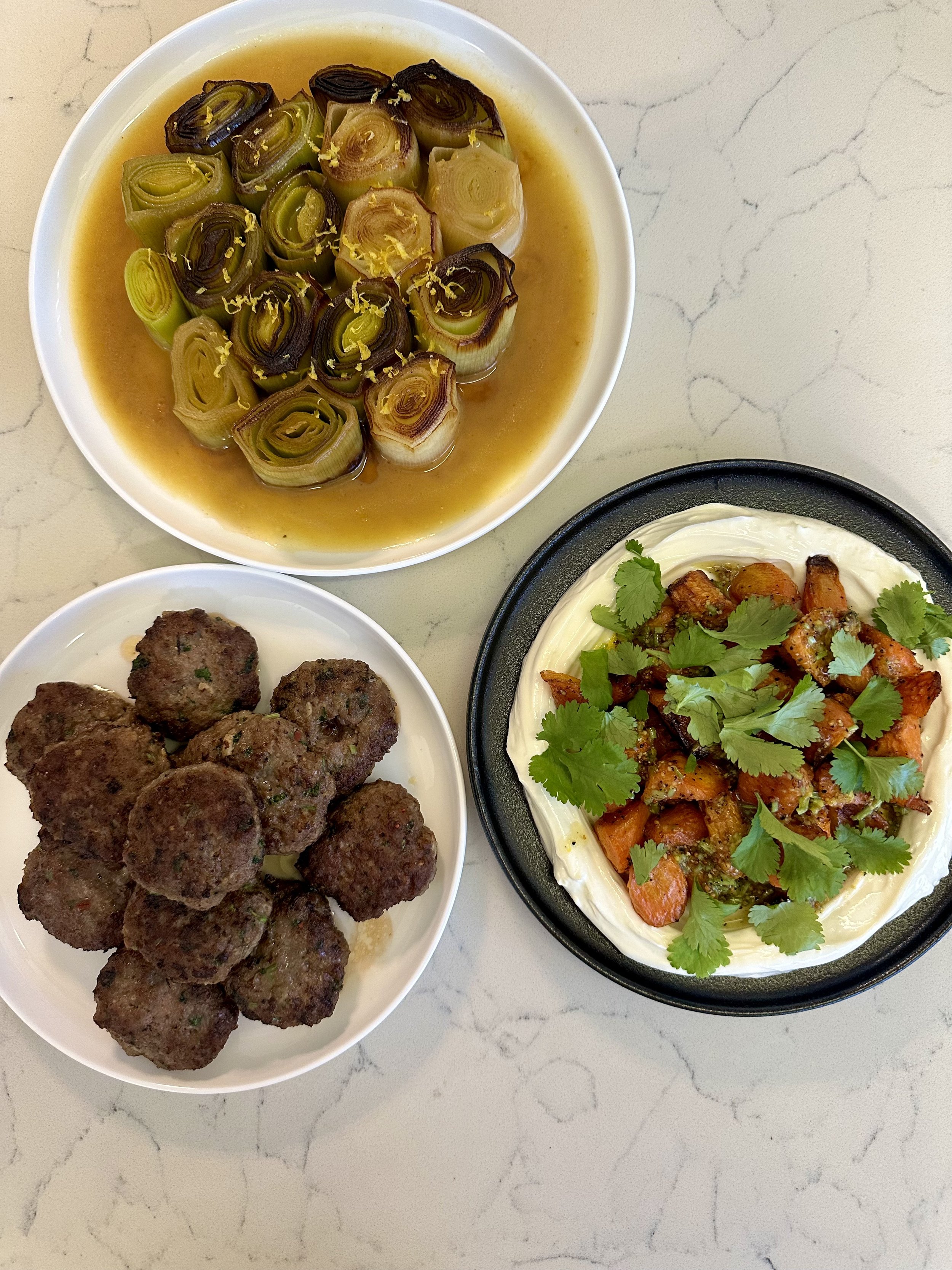 Lamb kofta, roasted carrots with yogurt, braised leeks