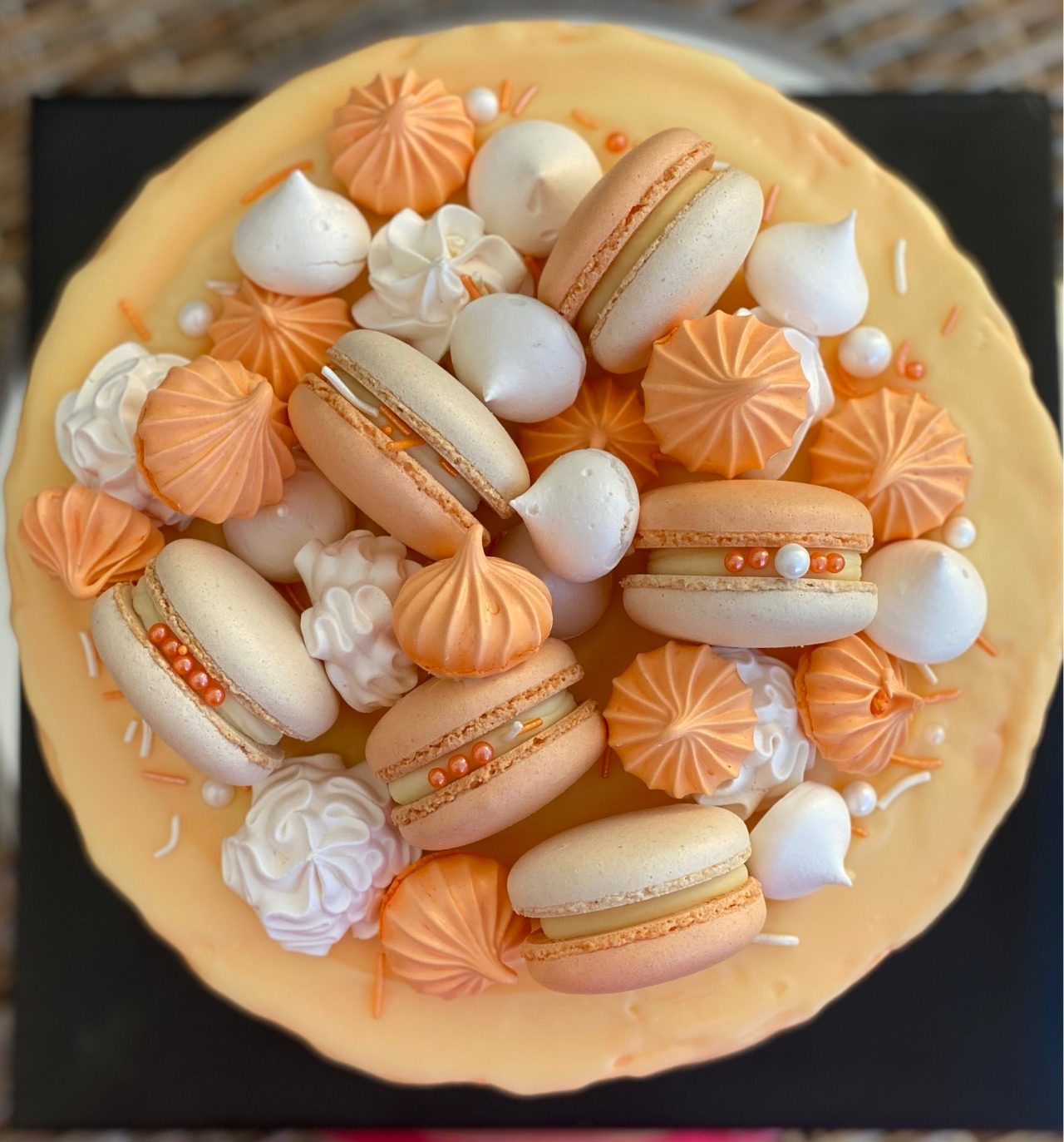 Birthday cake - vanilla pound cake, vanilla Swiss meringue buttercream white chocolate ganache, macarons and meringues