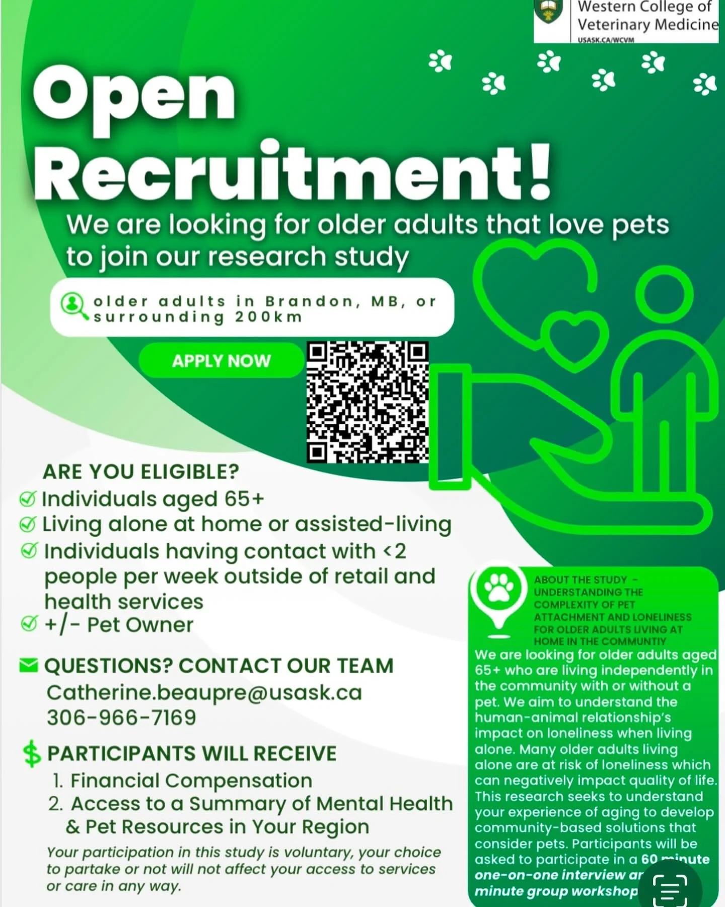 Are you 65+? 
Do you love pets and live alone? 

The University of Saskatchewan is recruiting participants for a study on the human-animal relationship&rsquo;s impact on loneliness when living alone. All participants will receive financial compensati