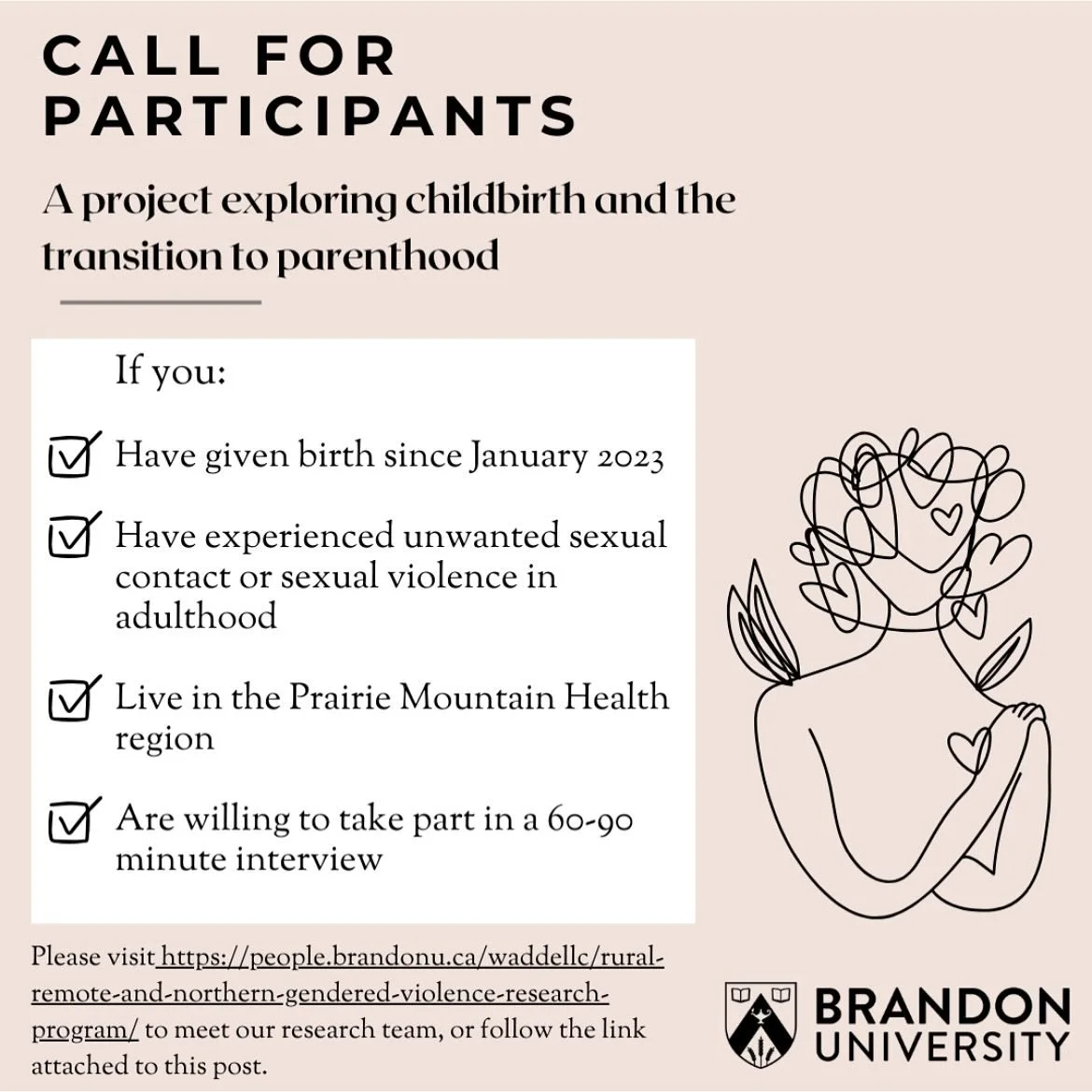 Meet our research team at https://people.brandonu.ca/waddellc/rural-remote-and-northern-gendered-violence-research-program/ 

We invite individuals of all race, ethnicity, and gender identity to take part. 
For your time you will receive a gift card 