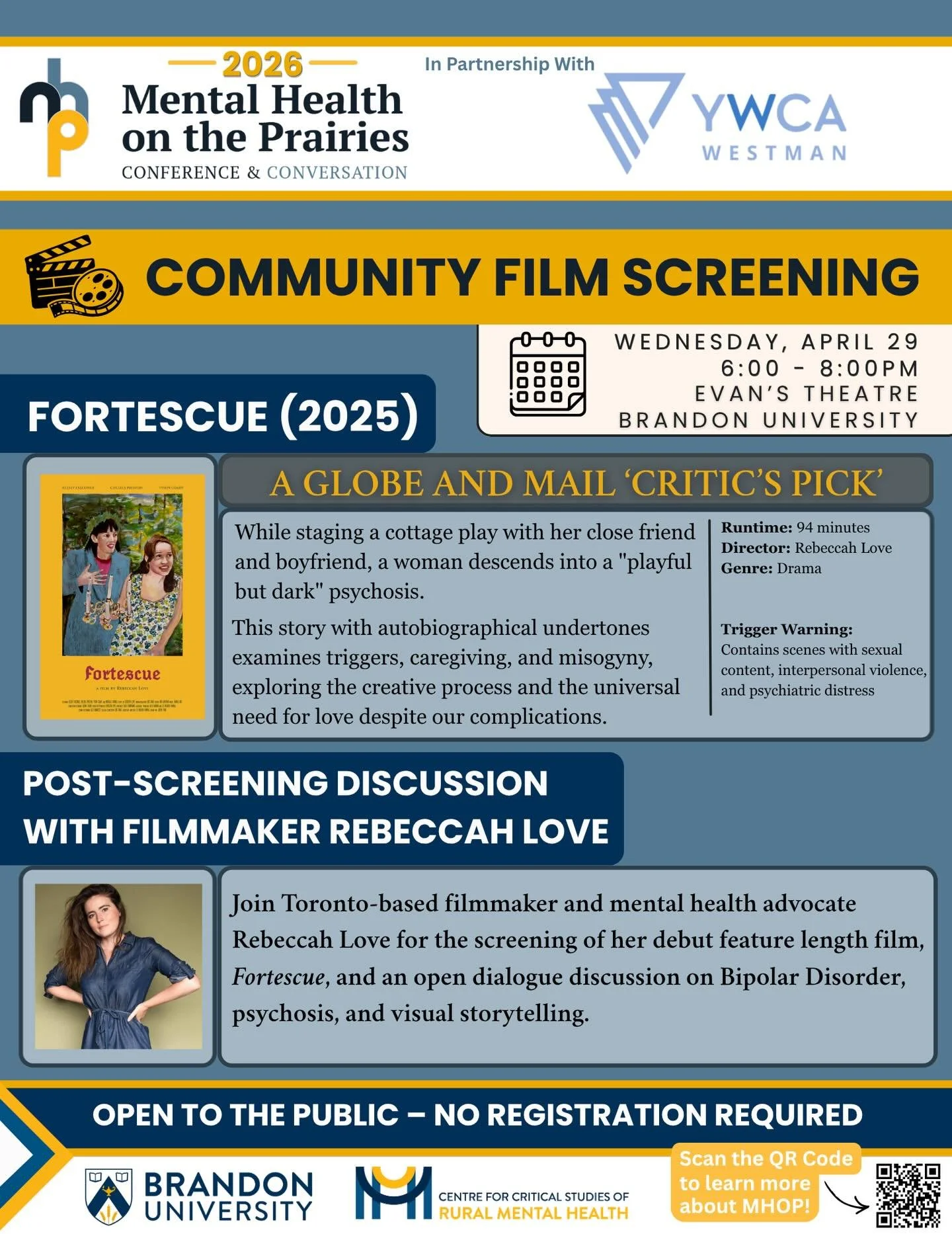 Join Toronto-based filmmaker and mental health advocate Rebeccah Love for the screening of her debut feature length film, Fortescue, and an open dialogue discussion on Bipolar Disorder, psychosis, and visual storytelling.

-Wednesday, April 29 
-6:00