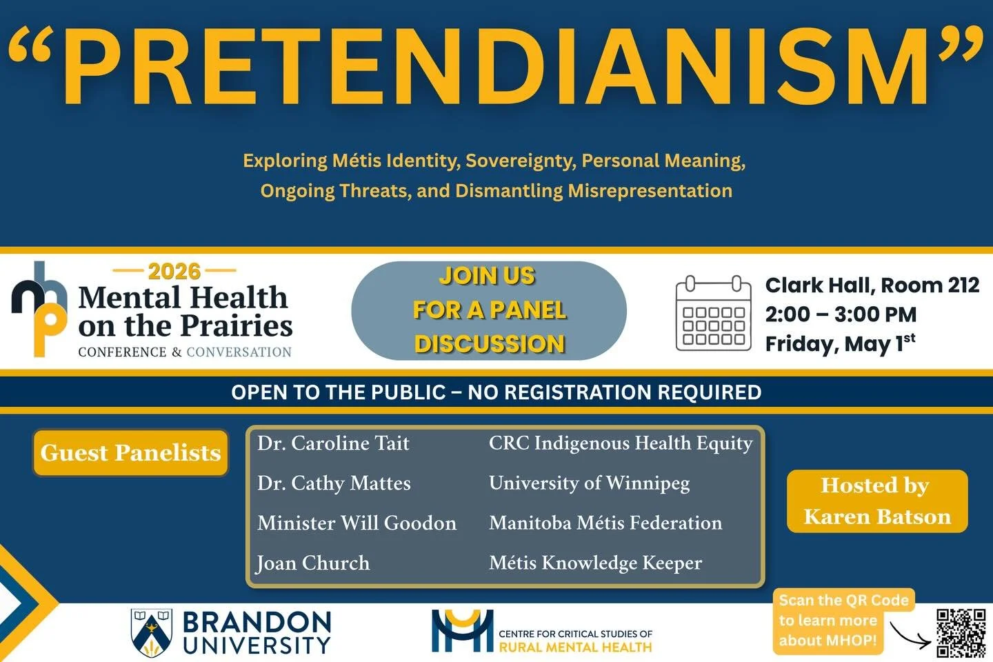 Join us for a panel on M&eacute;tis identity, sovereignty, personal meaning, ongoing threats, and dismantling misrepresentation.

-Friday, May 1st from 2:00&ndash;3:00 PM
-Clark Hall, Room 212
-Free &amp; open to all