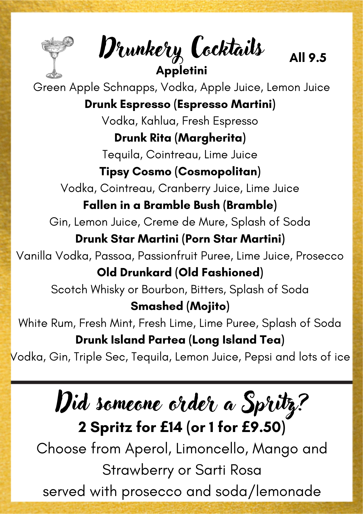 Menu of alcoholic cocktails with descriptions and prices, including Appletini, Drunk Espresso, Drunk Rita, Tipsy Cosmo, Fallen in a Bramble Bush, Drunk Star Martini, Old Drunkard, and Smashed, with ingredients listed.