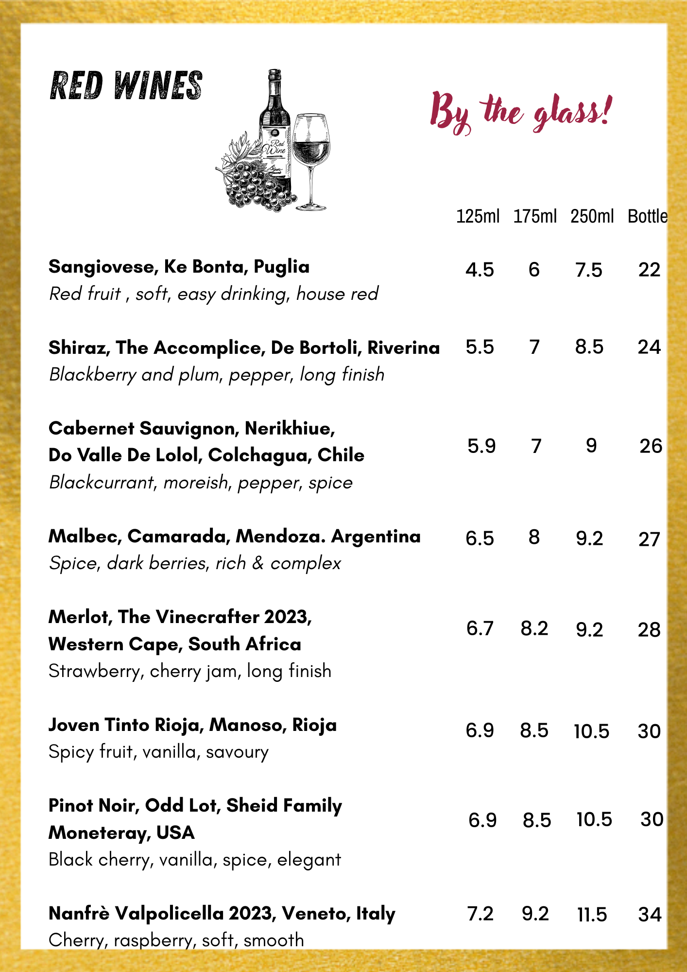 Wine menu featuring red wines with details about varieties, regions, and tasting notes, along with prices for different bottle sizes.