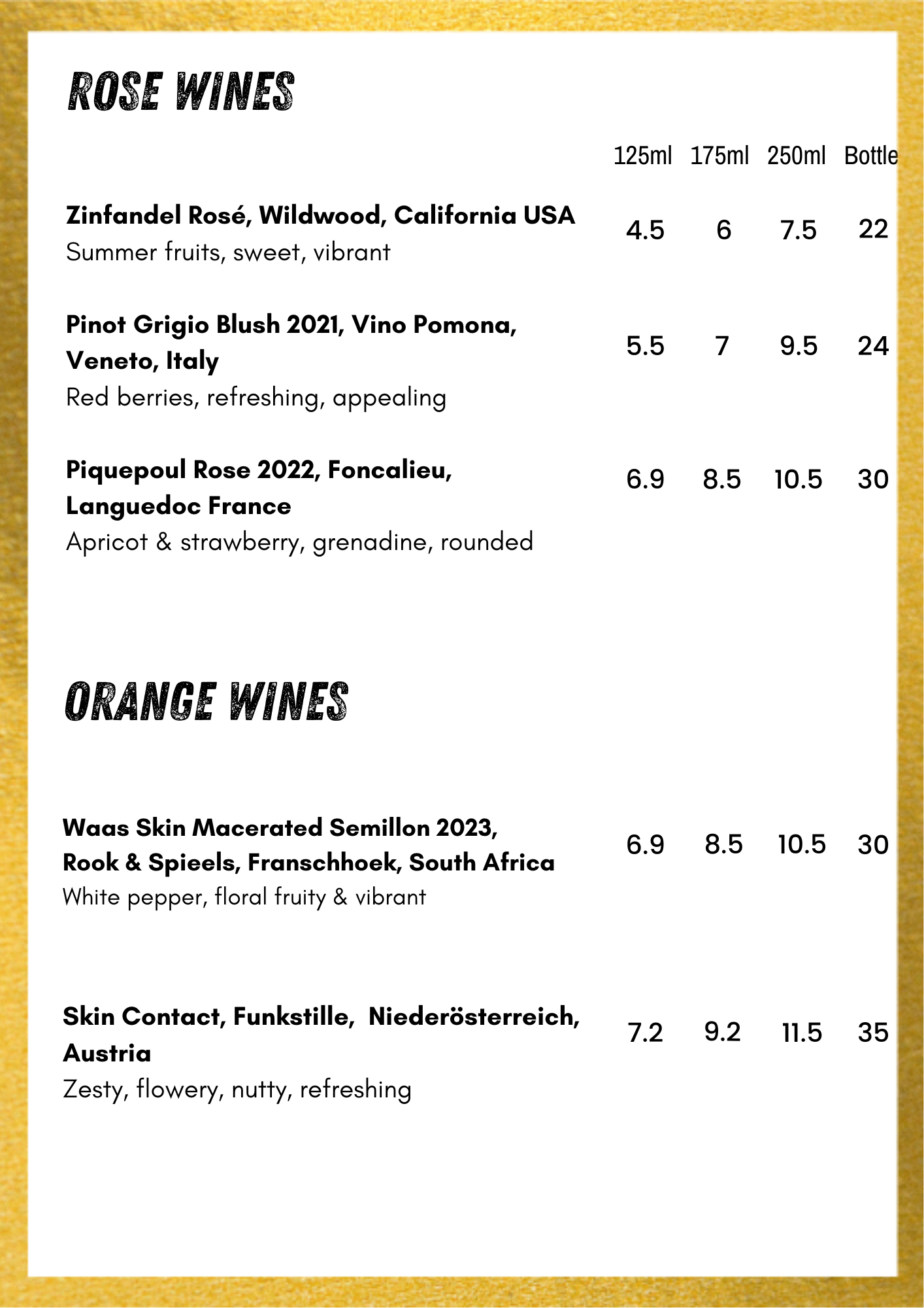 Wine tasting menu listing various rosé wines, their origin, description, and prices for different bottle sizes.