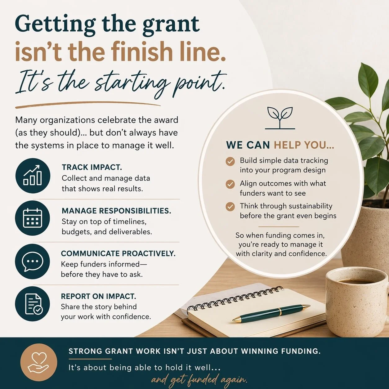 Getting the grant is not the finish line.
It&rsquo;s the starting point.

Many organizations celebrate the award (as they should), but don&rsquo;t always have the systems in place to manage it well.

Because once funding comes through, the real work 