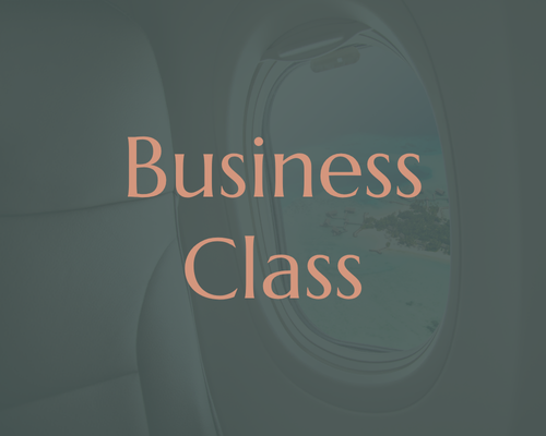 View from an airplane window with the words 'Business Class' in pink text overlayed.