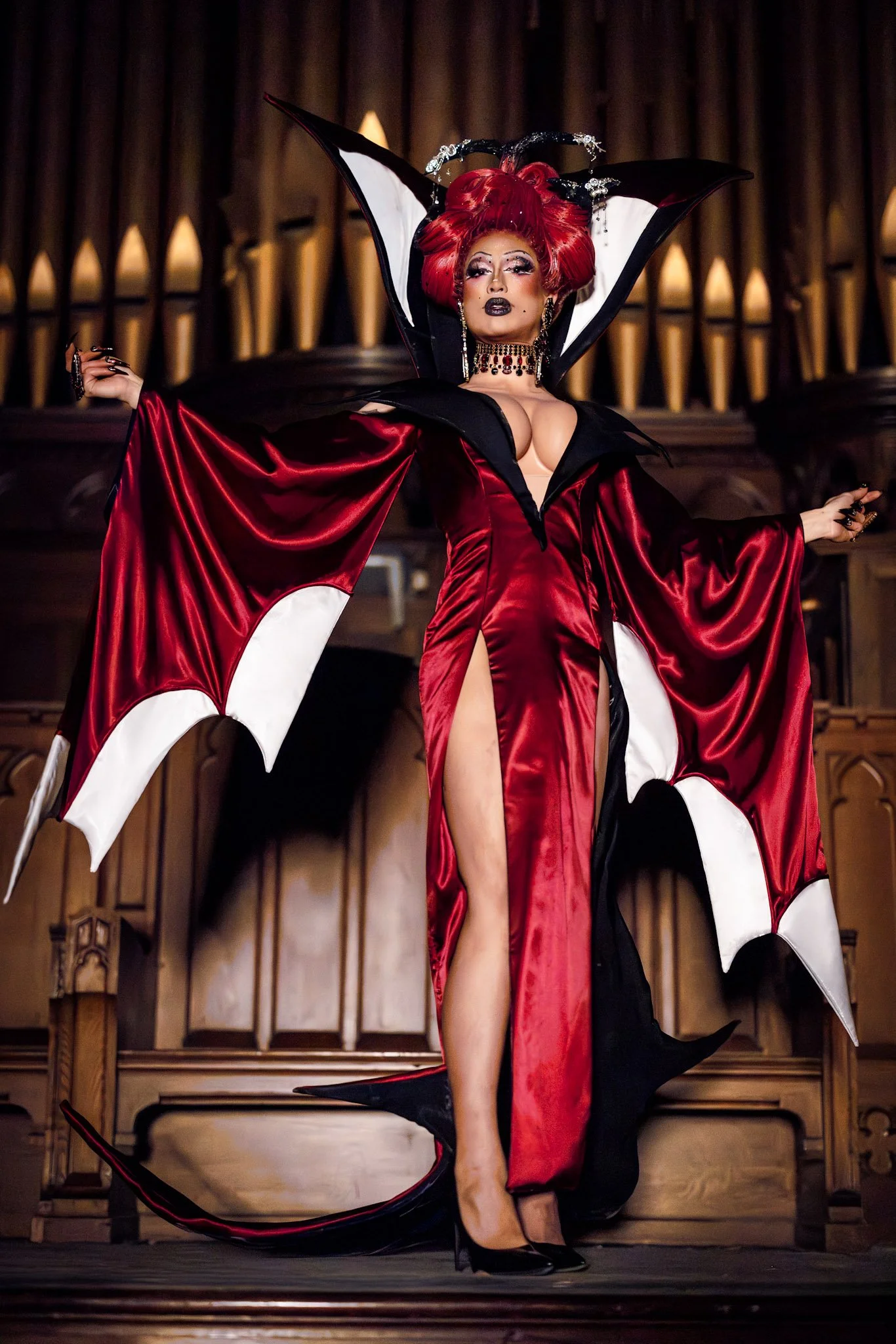 Mandy Mango for RuPaul's Drag Race Season 18 "Not Today Satin" Runway, designed by Miss Thing, made in collaboration with Pi (@notpi) and Cessie Yu Ling (@thequirkyzipper) . Photo by Garrett Matthew, 2026.