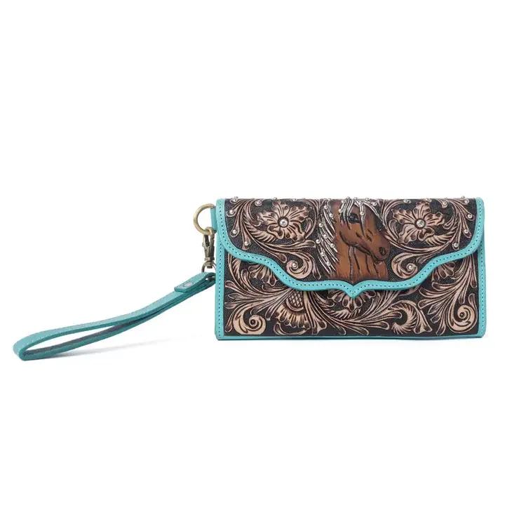 Sunfire Valley Handtooled Hairon Leather Women's Wallet in Turquoise Pearl