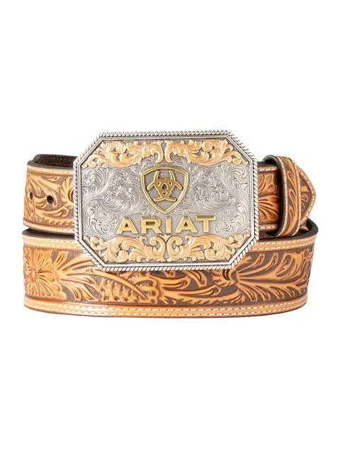 Ariat Floral Embossed Tapered Tan Belt - Men's