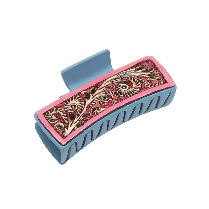 Western Floral Hand Tooled Leather Hair Clip