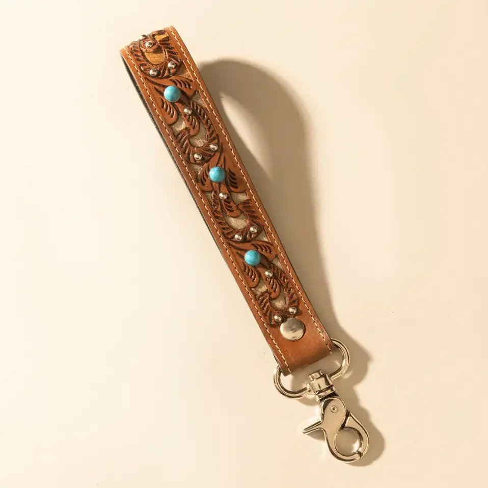 River Glen Handtooled Hairon Leather Key Fob in Honey Turquoise