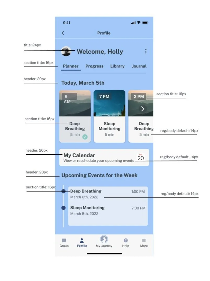 A mobile app interface for a health or sleep monitoring app, with sections for a user profile named Holly, navigation tabs for Planner, Progress, Library, and Journal, a calendar displaying sleep-related activities, and upcoming events for deep breathing and sleep monitoring.