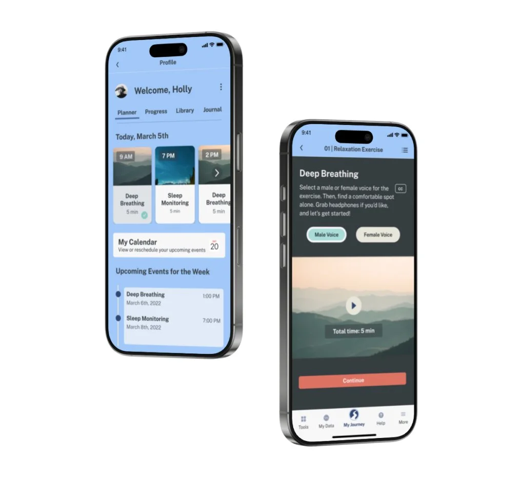 Smartphone screens displaying a health and wellness app with meditation and sleep monitoring features.