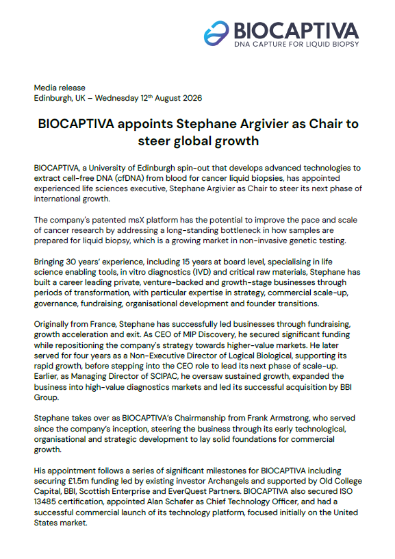 Image of BIOCAPTIVA's 12th August press release announcing Stephane Argivier as new board chair.