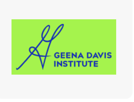 Geena Davis Institute logo with blue signature on green background.