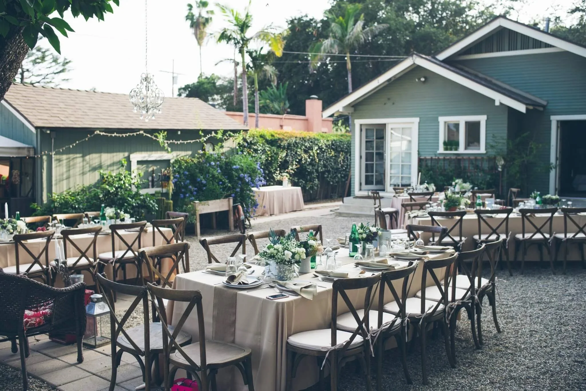 Outdoor patio at Provisions Catering in Pasadena, California, with tables elegantly set for an event